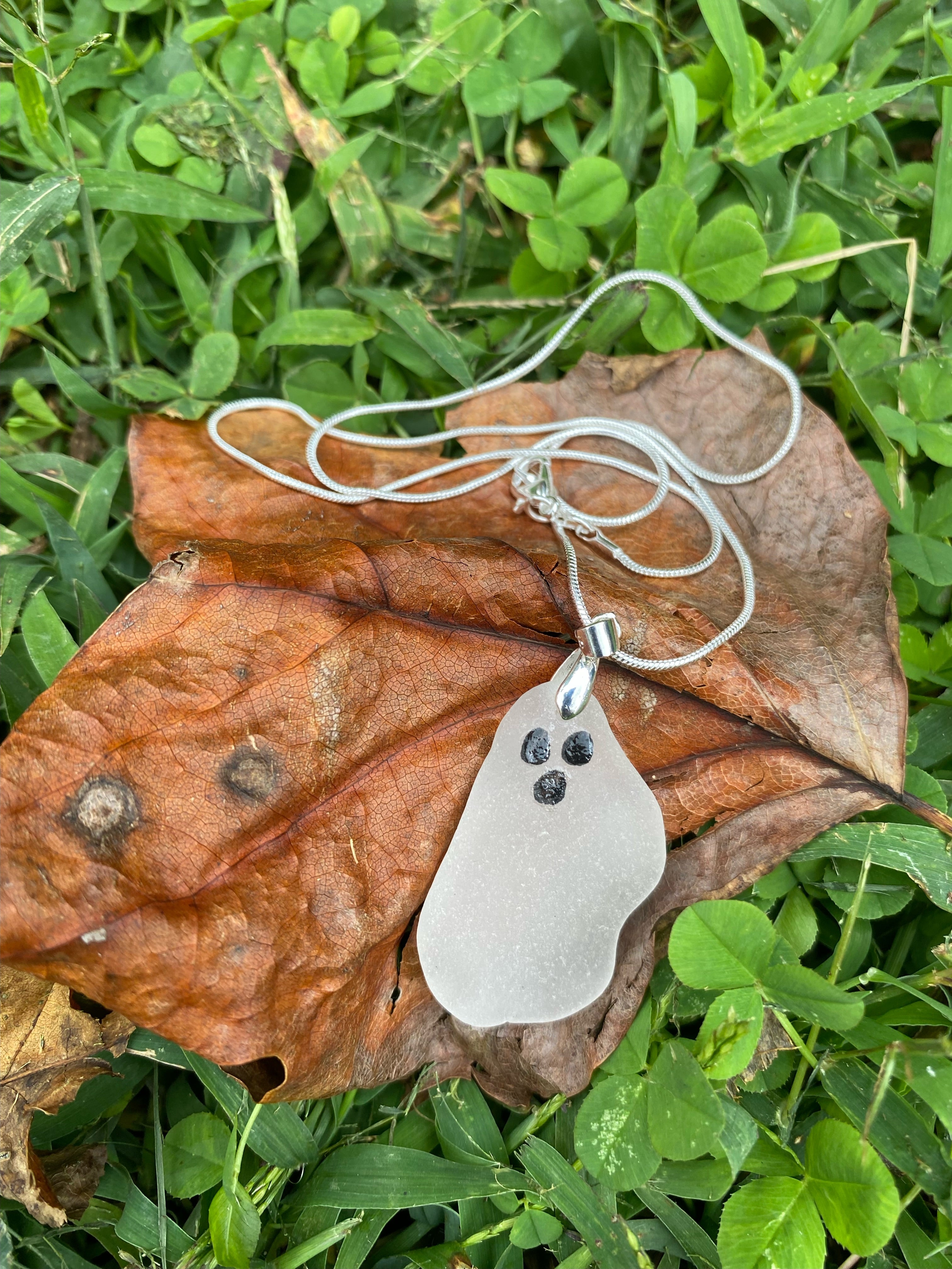 Handmade “BOO” Ghost Seaglass Silver Necklace