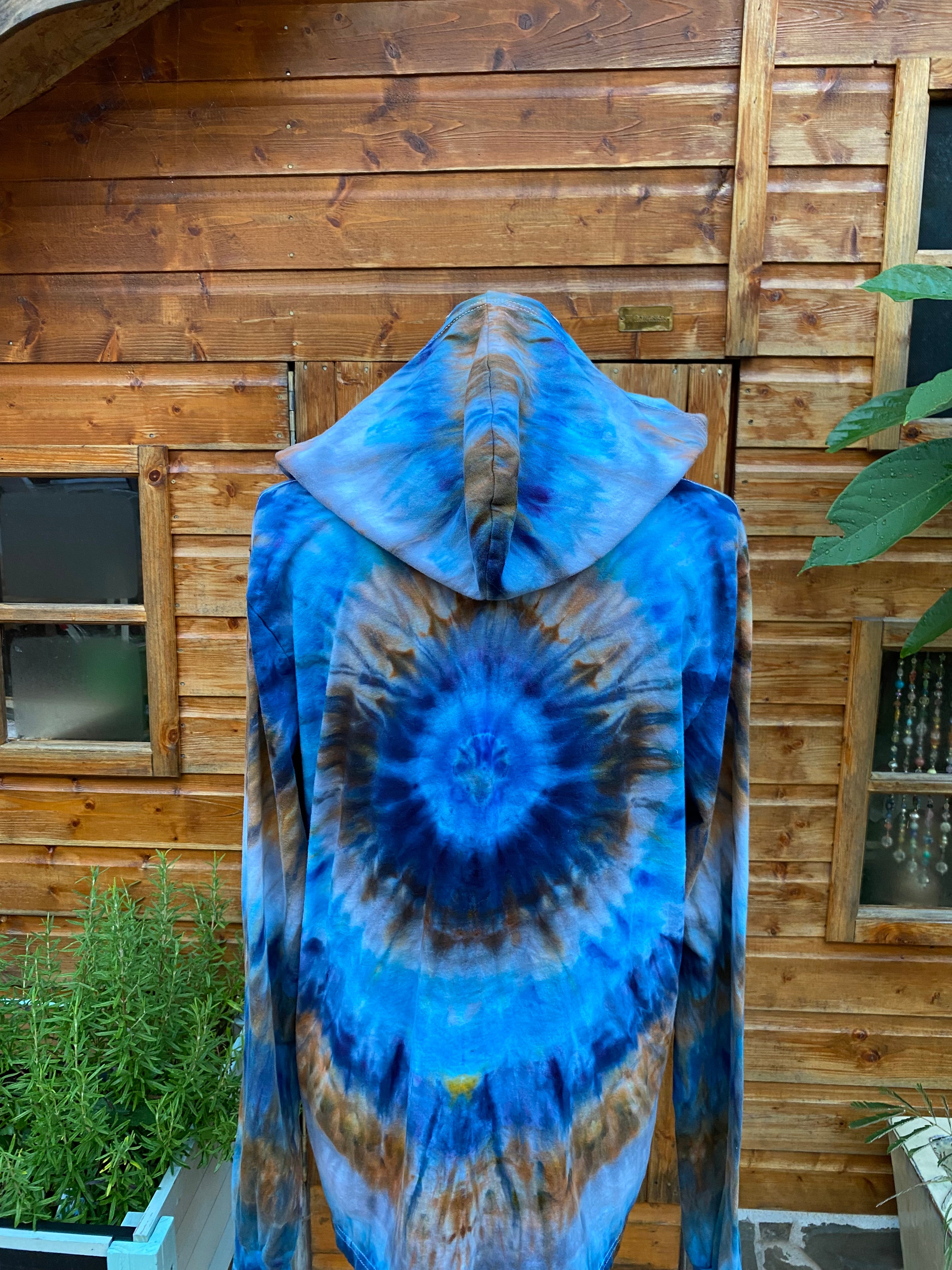 Tie-Dye Long-Sleeved Hooded T-Shirt (Blue) - Large