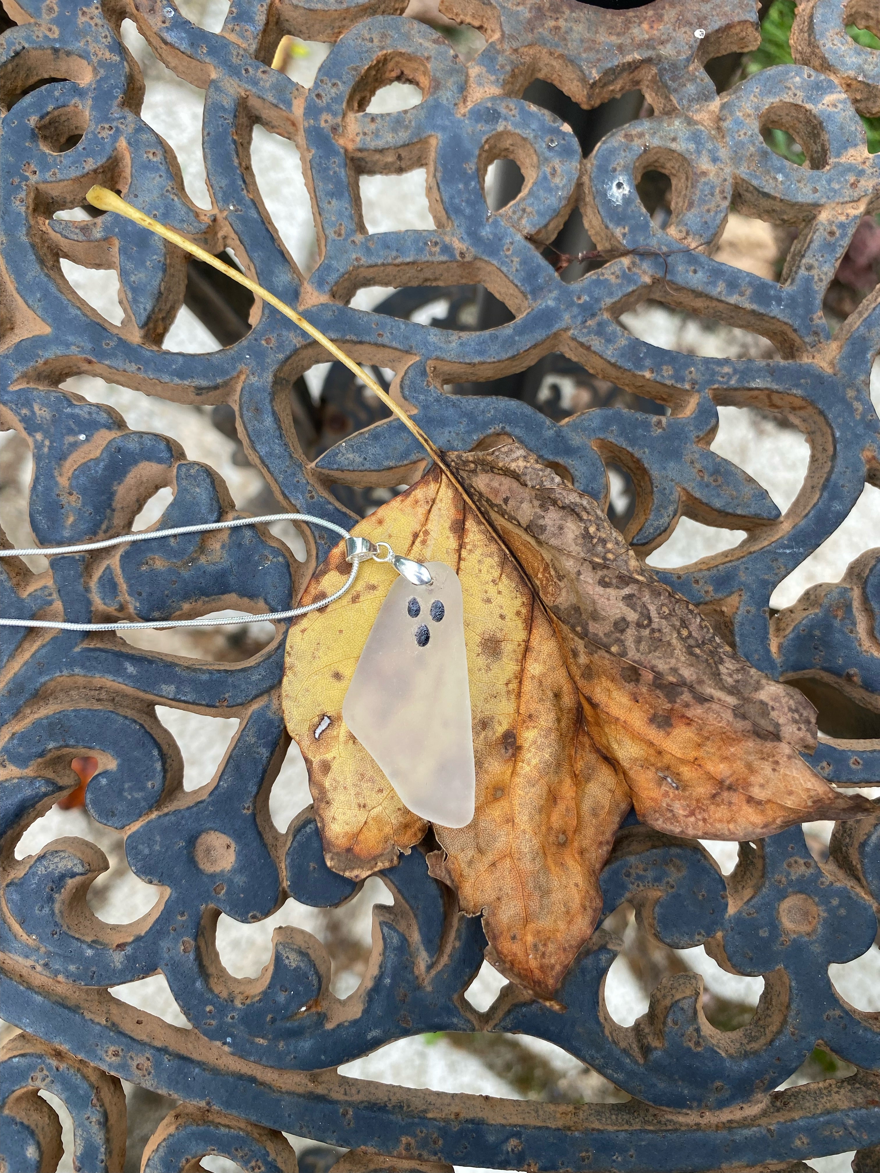 Handmade “BOO” Ghost Seaglass Silver Necklace