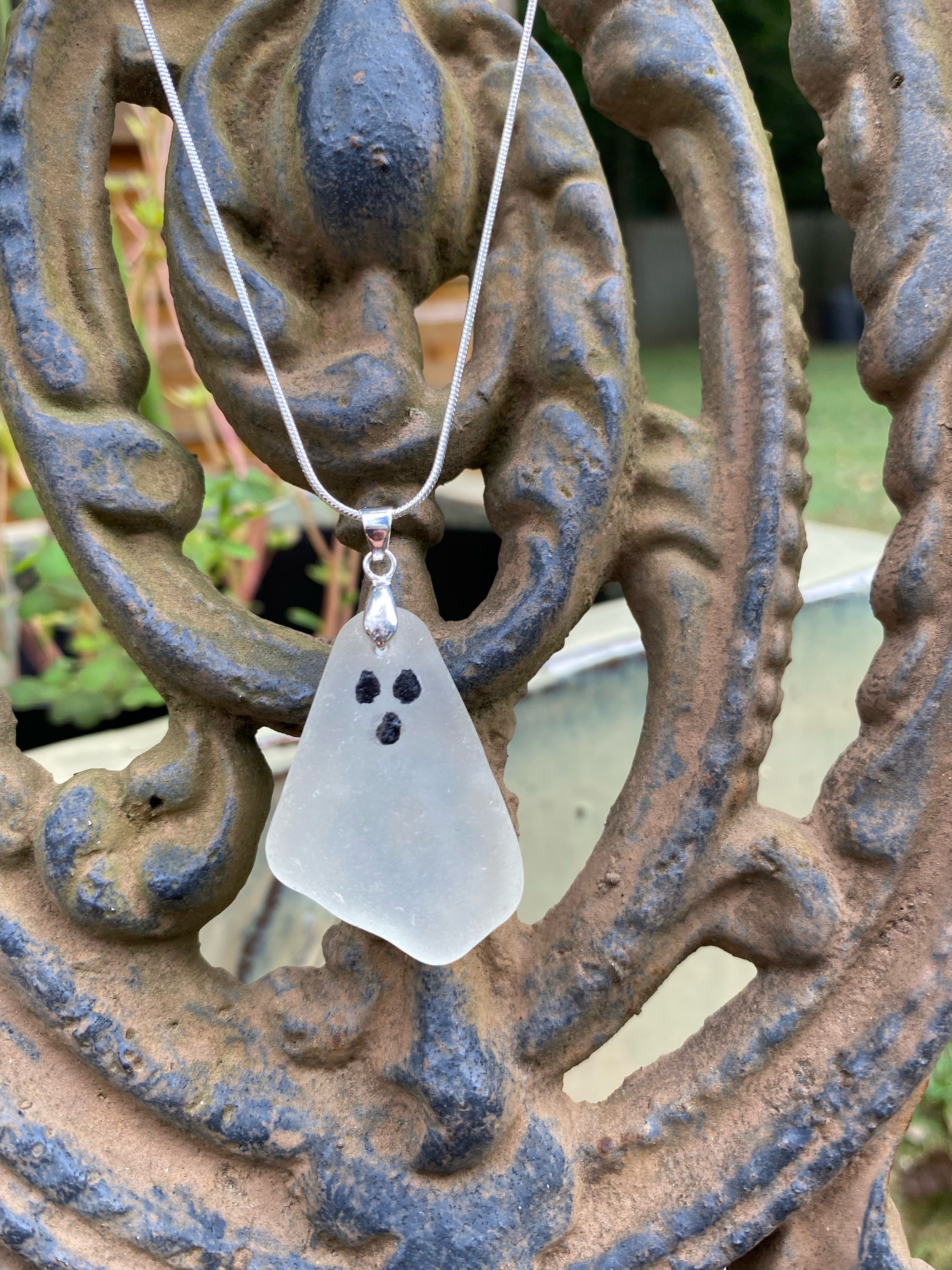 Handmade “BOO” Ghost Seaglass Silver Necklace