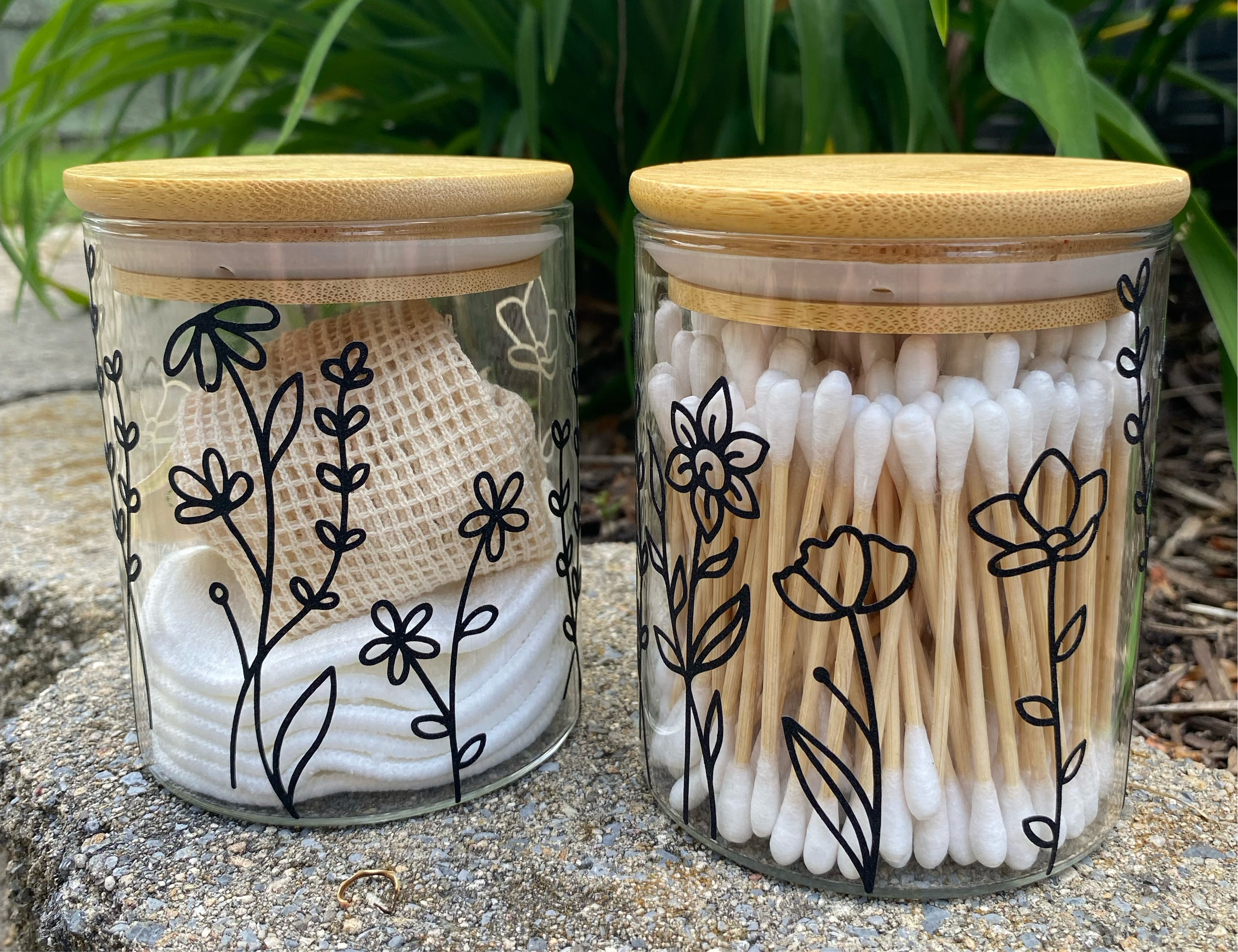 Decorative Glass Jar with bamboo Lid includes Cotton Swabs or Makeup Pads