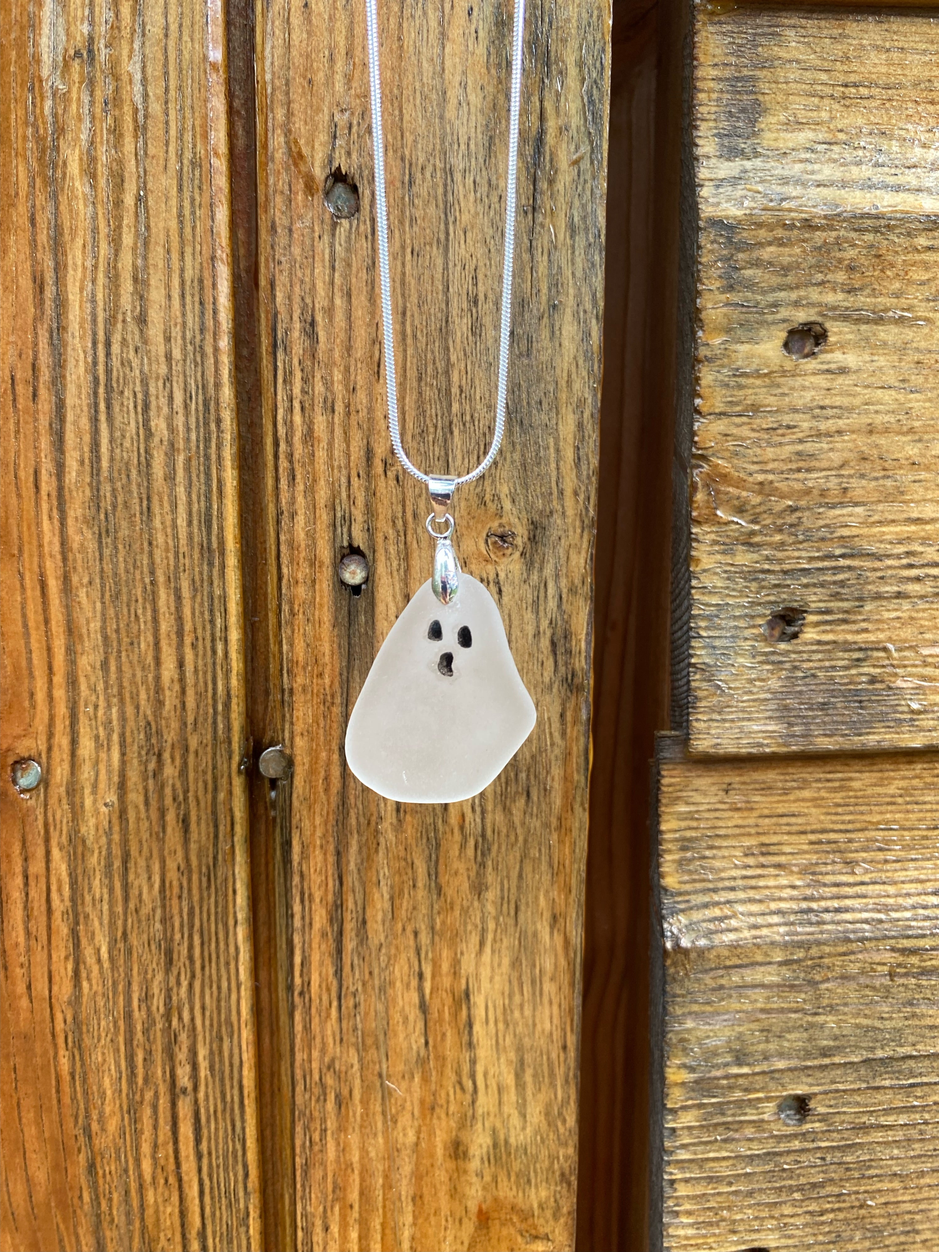 Handmade “BOO” Ghost Seaglass Silver Necklace