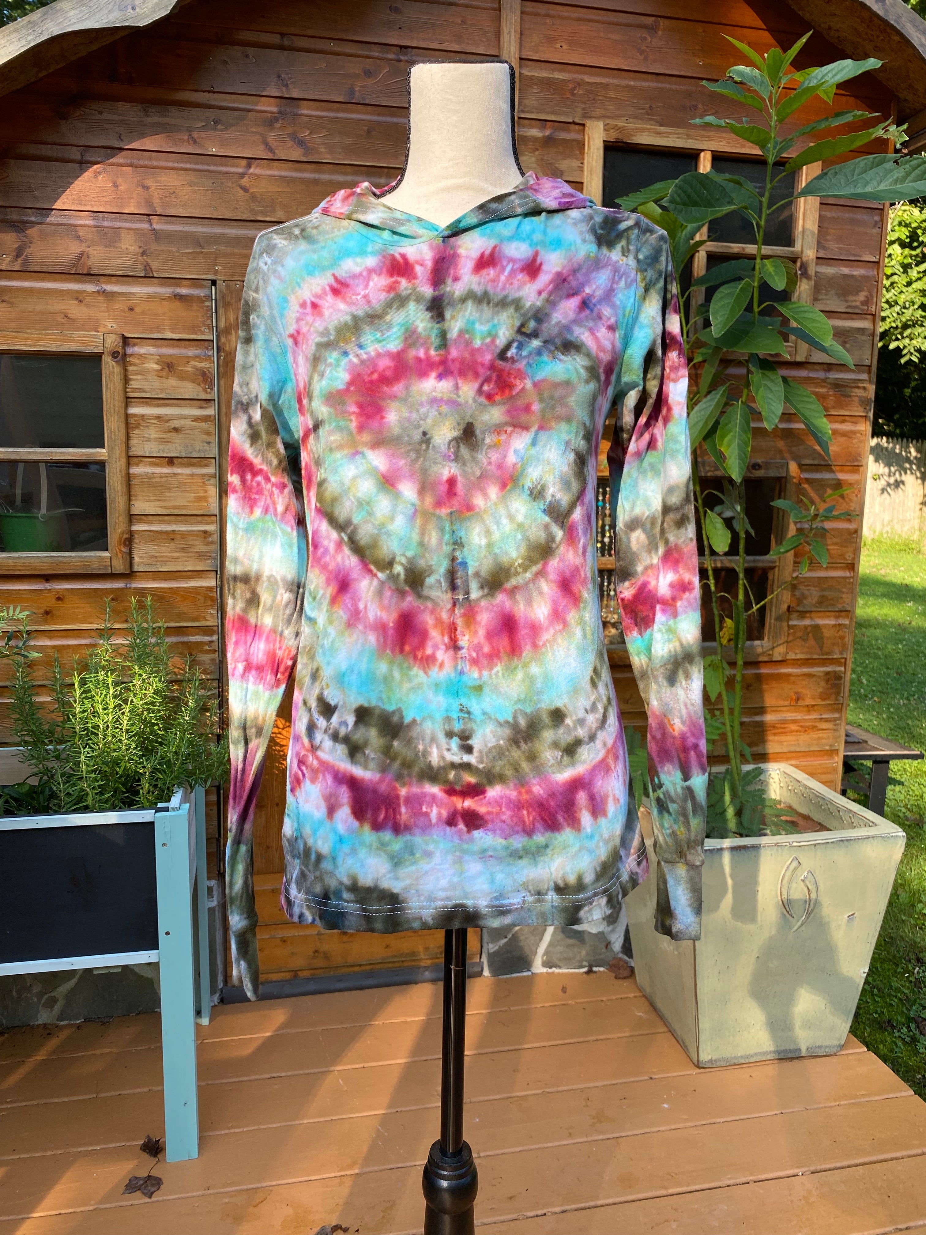 Tie-Dye Long-Sleeved Hooded T-Shirt (Pink/Teal) - X-Small