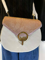 Load image into Gallery viewer, Handmade White &amp; Lavender Round Crossbody Bag - Black Pigskin Lined
