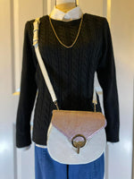 Load image into Gallery viewer, Handmade White &amp; Lavender Round Crossbody Bag - Black Pigskin Lined
