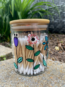 Decorative Glass Jar with bamboo Lid includes Cotton Swabs or Makeup Pads