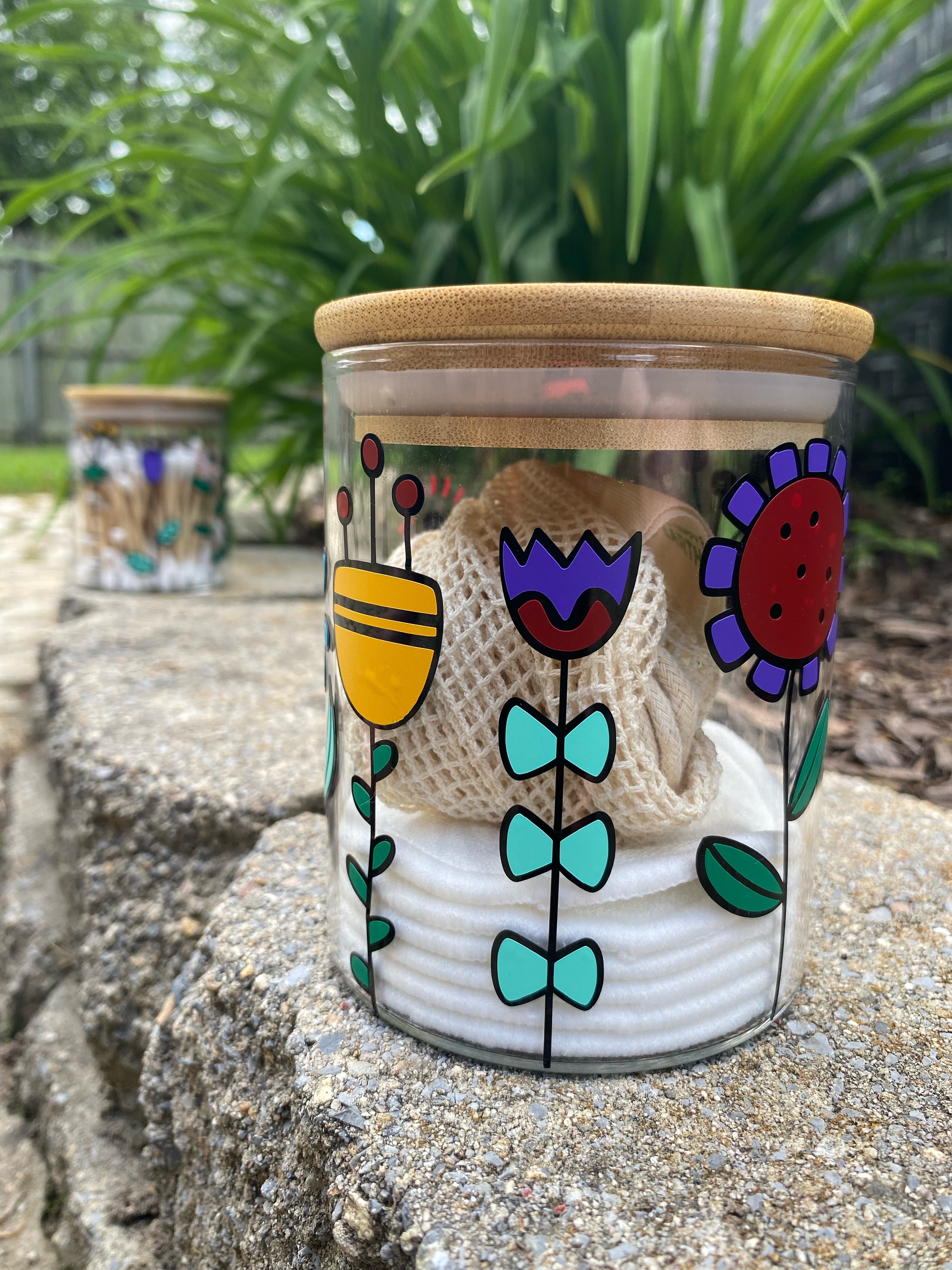 Decorative Glass Jar with bamboo Lid includes Cotton Swabs or Makeup Pads