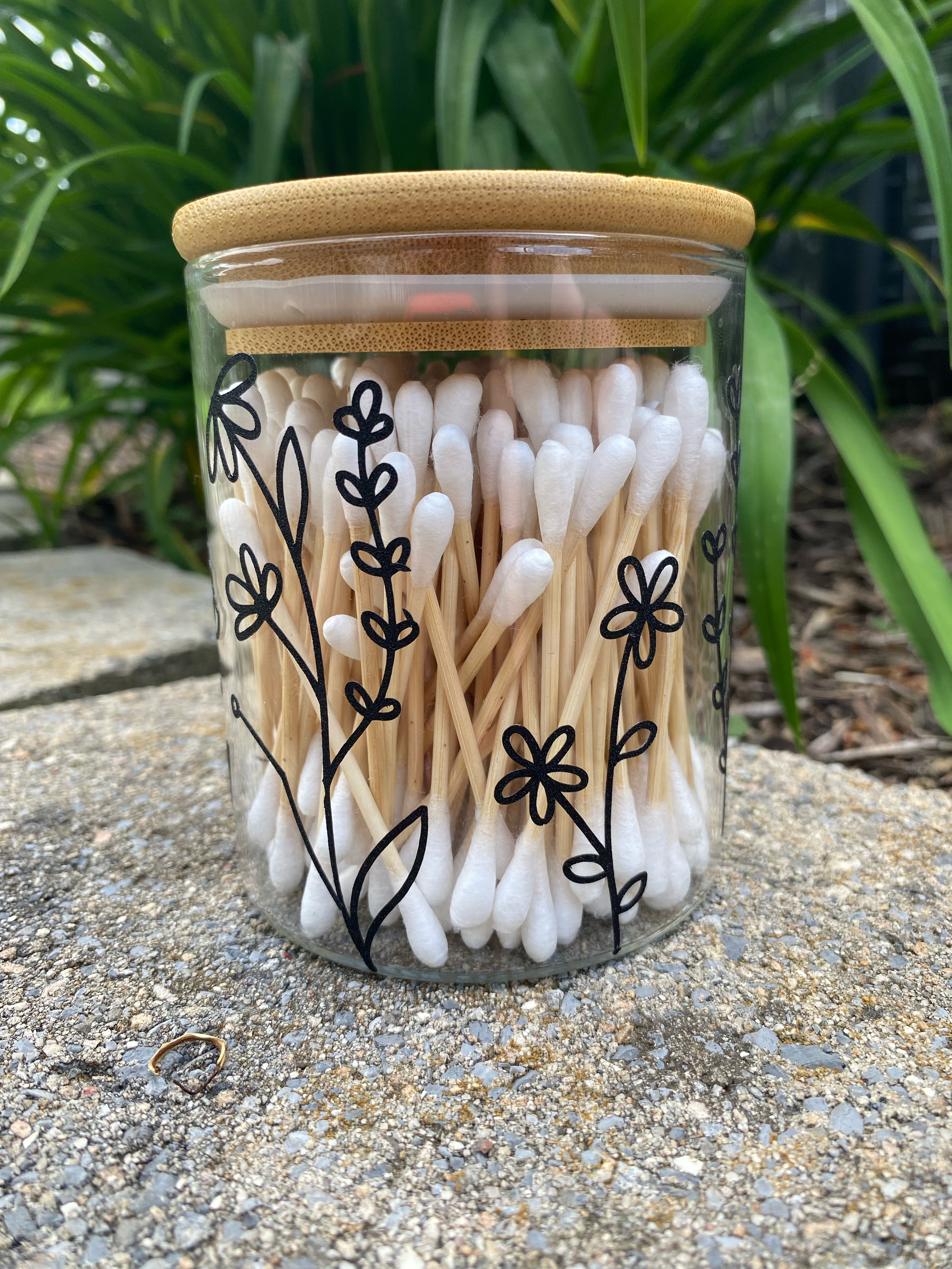 Decorative Glass Jar with bamboo Lid includes Cotton Swabs or Makeup Pads