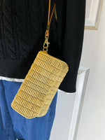 Load image into Gallery viewer, Handmade T-Shirt Yarn Crossbody Bag - Cotton Batik Lined with Leather Strap
