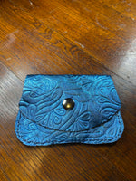 Load image into Gallery viewer, Handmade Blue Metallic Floral Embossed Leather Wallet 3" x 5"
