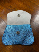 Load image into Gallery viewer, Handmade Blue Metallic Floral Embossed Leather Wallet 3" x 5"
