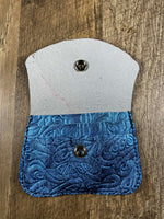 Load image into Gallery viewer, Handmade Blue Metallic Floral Embossed Leather Wallet 3" x 5"
