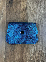 Load image into Gallery viewer, Handmade Blue Metallic Floral Embossed Leather Wallet 3" x 5"
