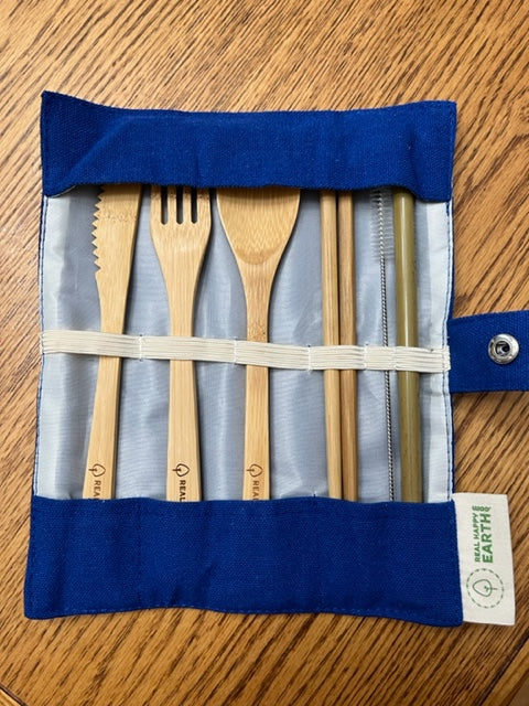 Six (6) Pack Bamboo Cutlery Set in Blue Carry Bag